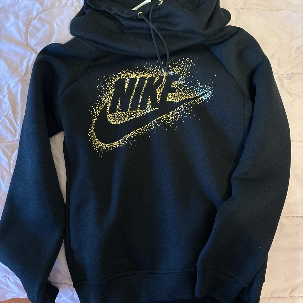 Nike Black Hoodie with Yellow and Light Blue Speckled Swoosh